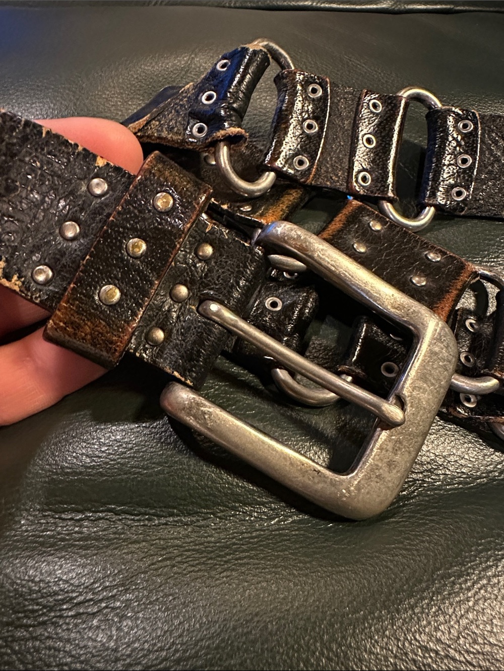 Vintage brown black Distressed Leather Studded Belt